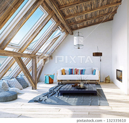 3d rendering of a rustic attic living room. Modern and bright home interior with wooden beams 3d rendering of a rustic attic living room. Modern and bright home interior with wooden beams 132335610
