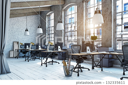 Modern industrial loft office workspace. 3d rendering of an empty interior with sunlight from large windows 132335611
