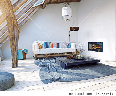 Modern rustic attic living room with a fireplace. 3d rendering of a cozy home interior with wooden beams 132335615