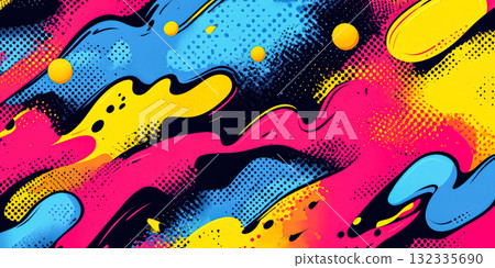 Colorful, abstract painting with splatters of paint and a few yellow circles 132335690
