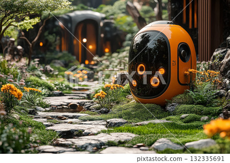 Robot is standing in a garden with flowers and rocks Robot is standing in a garden with flowers and rocks 132335691