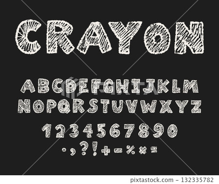 White chalk, crayon kids font. Doodle alphabet, numbers, signs White chalk, crayon kids font. Doodle alphabet, numbers, signs 132335782