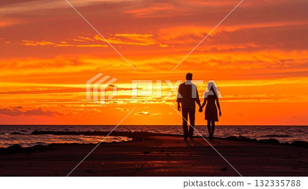 [AI 生成圖像] 插圖日落大海與戀人 132335788