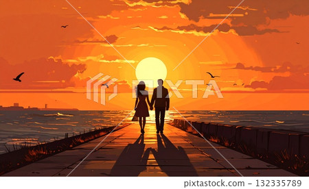 [AI 生成圖像] 插圖日落大海與戀人 132335789