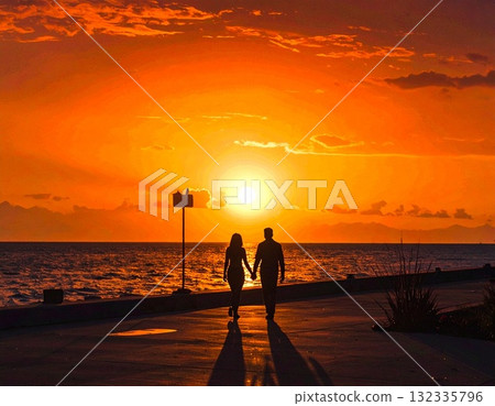 [AI 生成圖像] 插圖日落大海與戀人 132335796