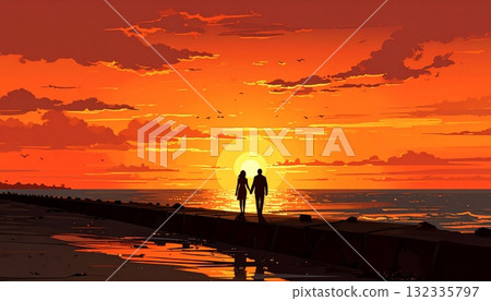 [AI 生成圖像] 插圖日落大海與戀人 132335797
