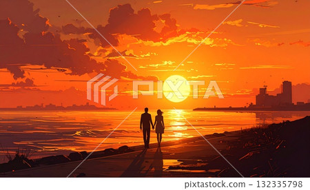 [AI 生成圖像] 插圖日落大海與戀人 132335798
