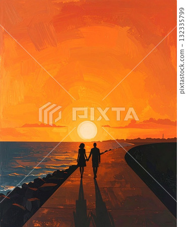 [AI 生成圖像] 插圖日落大海與戀人 132335799