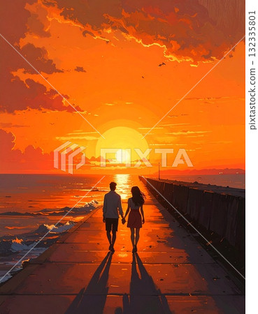 [AI-generated image] Illustrated sunset sea and lovers 132335801
