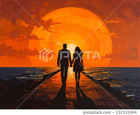 [AI 生成圖像] 插圖日落大海與戀人 132335804