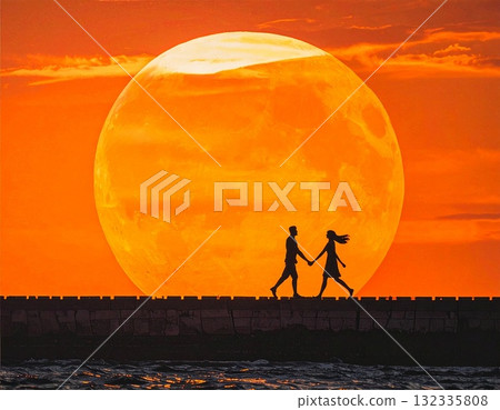[AI-generated image] Illustrated sunset sea and lovers 132335808
