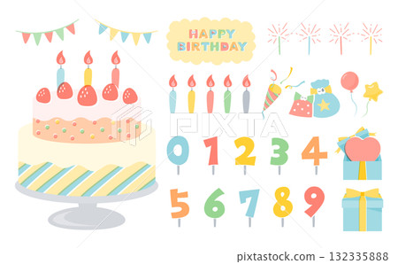 一套豐富多彩的生日蛋糕插圖和手寫字體,適合兒童生日慶祝 一套豐富多彩的生日蛋糕插圖和手寫字體,適合兒童生日慶祝 132335888