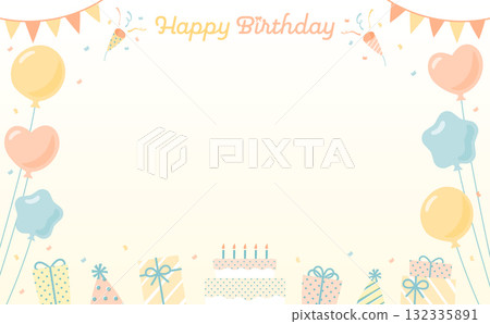 Yellow birthday card background illustration: A design of a cake, balloons, presents, and crackers in a frame 132335891