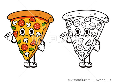 Pizza slice cartoon character waving retro mascot Pizza slice cartoon character waving retro mascot 132335903