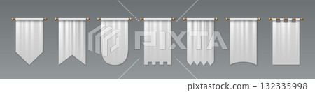 White medieval pennant set hanging on golden rods White medieval pennant set hanging on golden rods 132335998