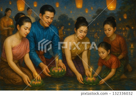 Beautiful oil painting capturing the Loy Krathong festival with people in traditional Thai outfits. Beautiful oil painting capturing the Loy Krathong festival with people in traditional Thai outfits. 132336032