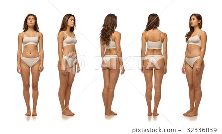 Composition of woman in beige underwear standing in studio for neutral lingerie branding and product reference 132336039