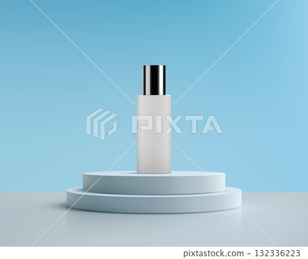 Minimalist 3D cosmetic product display mockup with frosted white bottle on tiered blue podium for premium beauty and skincare advertising 132336223