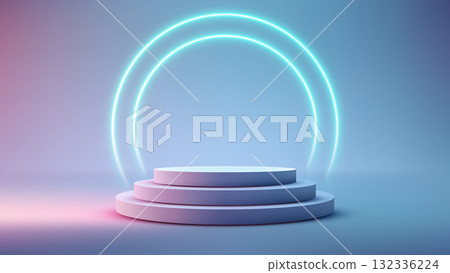 Futuristic Minimal Pedestal Display with Neon Circle Light on Soft Gradient Background for Product Showcase and Cosmetic Promotion or High Tech Products Futuristic Minimal Pedestal Display with Neon Circle Light on Soft Gradient Background for Product Showcase and Cosmetic Promotion or High Tech Products 132336224