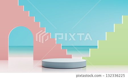 Pastel Minimalist Product Podium Mockup with Arch and Geometric Stairs Against Sky and Sea Background for Luxury Cosmetic and Summer Display 132336225