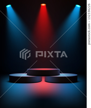 Dark Stage Background with Futuristic Three Tiered Cylindrical Pedestal, Blue and Red Spotlights for Product Display Mockup, Minimal Geometric Design Dark Stage Background with Futuristic Three Tiered Cylindrical Pedestal, Blue and Red Spotlights for Product Display Mockup, Minimal Geometric Design 132336226