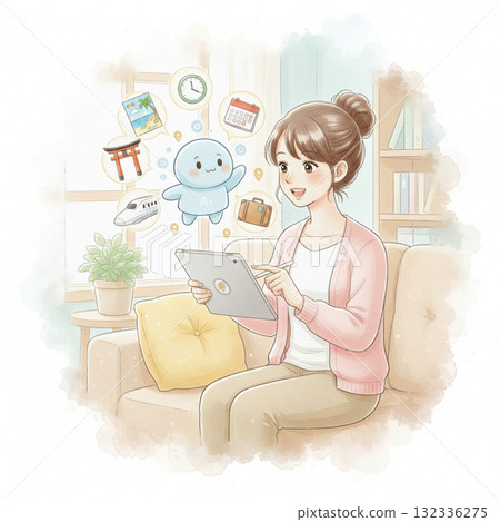 一位女士正在使用人工智慧助理和平板電腦規劃行程的插圖 132336275