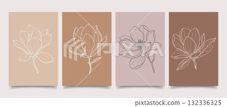 Set of hand drawn botanical art posters with magnolia. Set of card with magnolia flowers. Illustration. 132336325