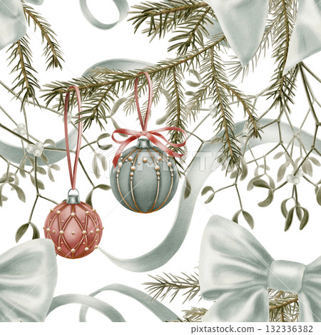Vintage Christmas seamless pattern-velvet tree balls with beads and gold threads and red ribbon hanging from a spruce branch,sprigs of mistletoe,silk blue bow and wavy ribbons.Watercolor illustration Vintage Christmas seamless pattern-velvet tree balls with beads and gold threads and red ribbon hanging from a spruce branch,sprigs of mistletoe,silk blue bow and wavy ribbons.Watercolor illustration 132336382