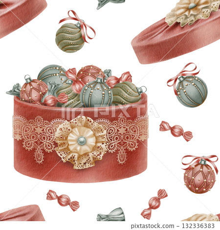 Christmas seamless pattern in vintage style round hat box with lid covered in red velvet with beige lace ribbon and lace bow brooch with Christmas tree balls and sweets in it.Watercolor illustration Christmas seamless pattern in vintage style round hat box with lid covered in red velvet with beige lace ribbon and lace bow brooch with Christmas tree balls and sweets in it.Watercolor illustration 132336383