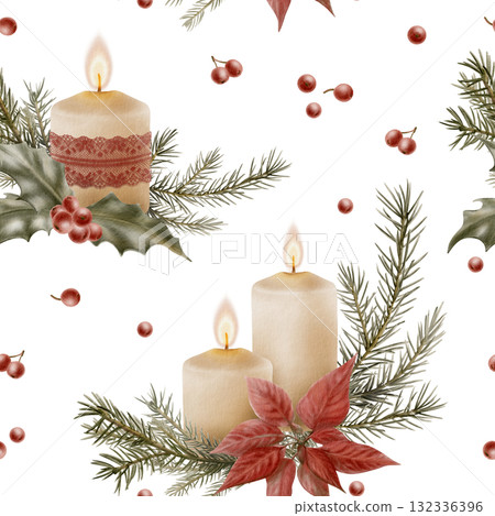 Christmas seamless pattern with cozy candles adorned with burgundy lace,fir branches,holly with red berries and red poinsettia flowers.Hand drawn illustration for xmas decor,background,wrapping paper Christmas seamless pattern with cozy candles adorned with burgundy lace,fir branches,holly with red berries and red poinsettia flowers.Hand drawn illustration for xmas decor,background,wrapping paper 132336396