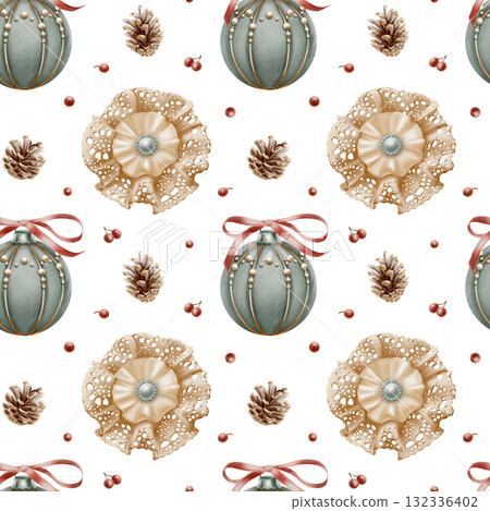 Christmas seamless pattern-vintage lace bow brooch with pearl,Christmas tree ball in blue velvet with red ribbon in bow,pearls beads and gold threads,pine cones with red sharrow berries Christmas seamless pattern-vintage lace bow brooch with pearl,Christmas tree ball in blue velvet with red ribbon in bow,pearls beads and gold threads,pine cones with red sharrow berries 132336402
