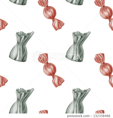 Candy with caramel and chocolate flavor in vintage style with bright wrappers in seamless pattern as symbol of family holiday,birthday,Christmas,new year.Watercolor hand drawn illustration 132336466