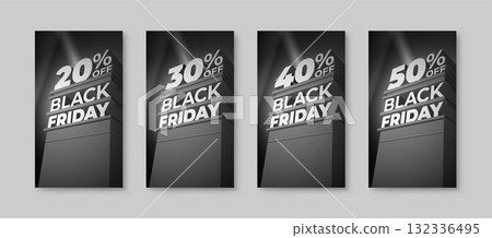 Set of vertical monochrome illustrations for sale and discount BLACK FRIDAY with volumetric letters. Twenty, thirty, forty, fifty percent off. Vector template for flyer, shop, business, cards, ad. 132336495