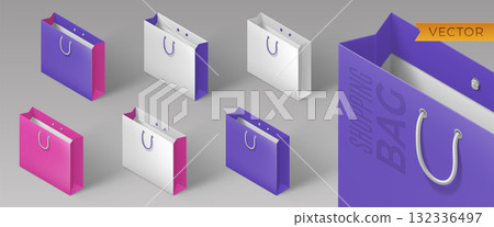 Set of colored realistic bags for shopping. 3D isometric icons. Vector template for discount flyer, poster, ad. Illustration for Black Friday sale banner. 132336497