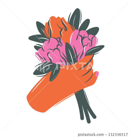 Woman's hand holds bouquet of pink tulips. Stylish modern flat illustration for flower shop. Sticker 132336517