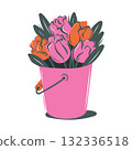 A bouquet of pink tulips in a bucket. Stylish modern flat illustration for a flower shop. Sticker 132336518