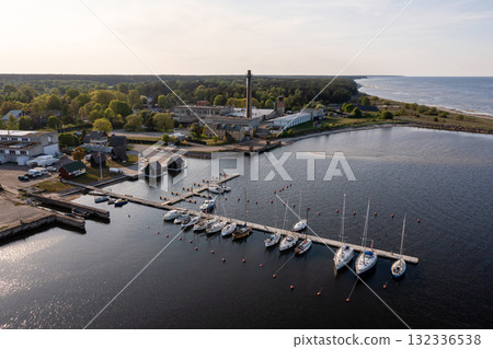 Aerial view of yachts at the pier of a seaside fishing village, Engure, Latvia 132336538