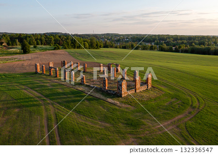 Ruins of an ancient building that looks like Stonehenge, drone view, Smiltene, Latvia 132336547