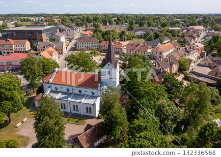 Aerial view of the city center and Saldus Lutheran Church. Saldus, Latvia 132336568