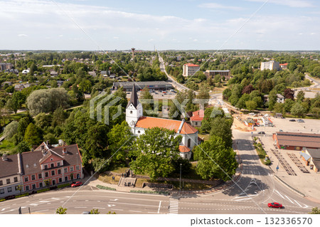 Aerial view of the city center and Saldus Lutheran Church. Saldus, Latvia 132336570