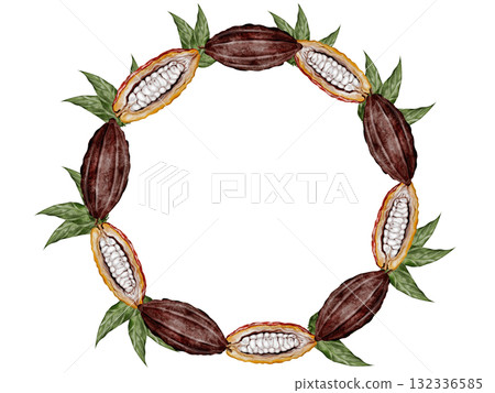 Cocoa bean watercolor frame. Hand-drawn cocoa fruit on a white background. Food clip art. Ideal for packaging chocolate and cocoa powder. Cocoa bean watercolor frame. Hand-drawn cocoa fruit on a white background. Food clip art. Ideal for packaging chocolate and cocoa powder. 132336585