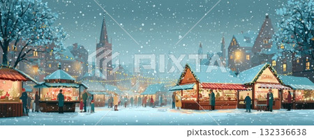 christmas market in snowy winter illustration 132336638