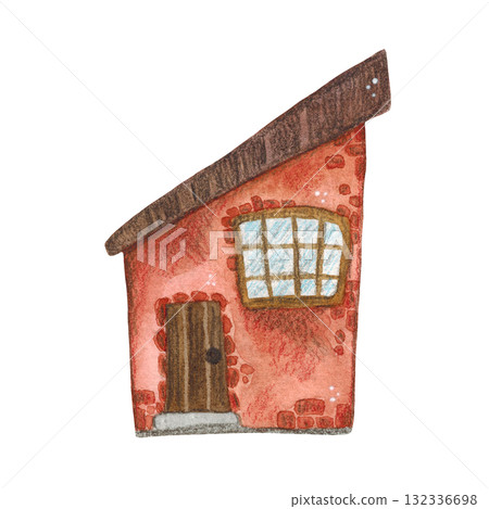 Red one-story brick house, cartoon. Hand-drawn watercolor illustration. Design suitable for stickers, prints on fabric, paper, and books. Building, isolated, children, kids, game, city, village 132336698