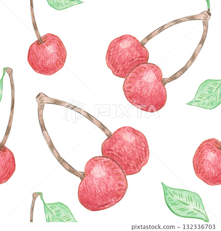 Seamless pattern of red cherries and green leaves. Hand-drawn illustration with colored pencils. Design for fabric, cards, menus, cookbooks, and textiles Seamless pattern of red cherries and green leaves. Hand-drawn illustration with colored pencils. Design for fabric, cards, menus, cookbooks, and textiles 132336703