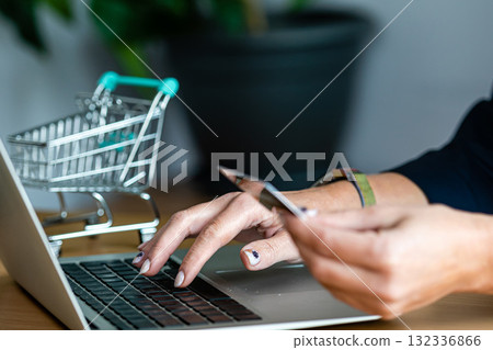 e-commerce concept, woman with credit card and laptop, close-up e-commerce concept, woman with credit card and laptop, close-up 132336866