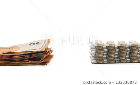 tablets in blister and fifty euro bills isolated on white, expensive healtcare concept tablets in blister and fifty euro bills isolated on white, expensive healtcare concept 132336878