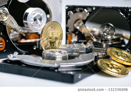 Bitcoin BTC on an open hard drive, cryptocurrency business concept, closeup 132336896