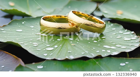 Beautiful gold wedding rings on lotus leaf in water with copy space 132336940