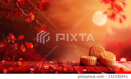 Beautiful mooncakes with autumn leaves and flowers with copy space 132336941