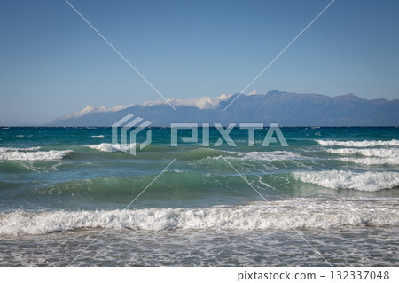Ionian sea with waves, Acharavi, Corfu (Korfu), Greece 132337048
